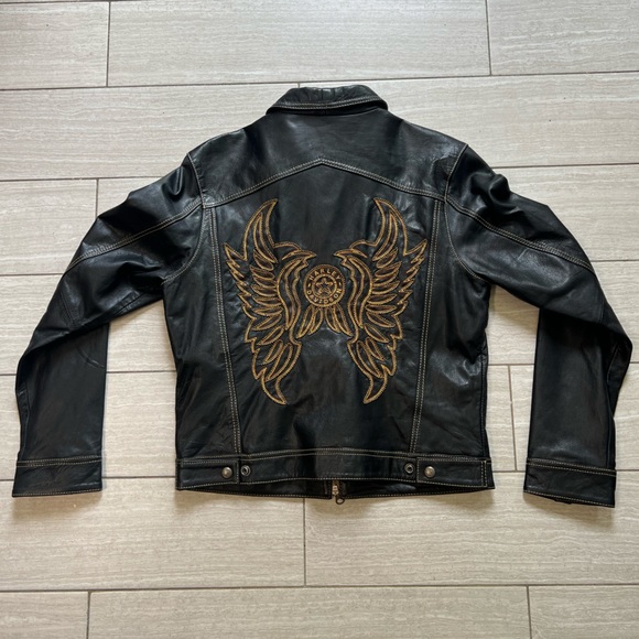 Harley Davidson Leather Motorcycle Jacket w/ Gold Embroidered Angel Wings - Picture 5 of 9